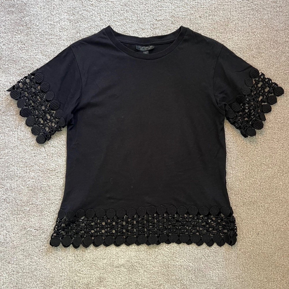 TopShop Black Lattice Top Tee Shirt Blouse Crop Size 2